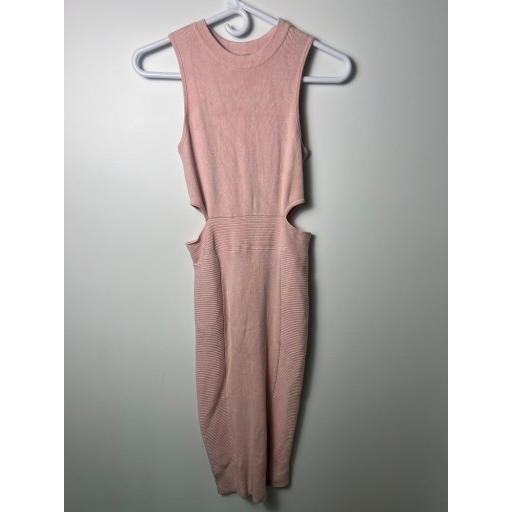 Guess Knit Midi Dress W Sm Pink Cut Out Ribbed Bodycon Mock Neck Party Preppy